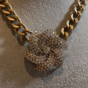 Gold-Tone chunky chain necklace with vintage repurposed rhinestone brooch!